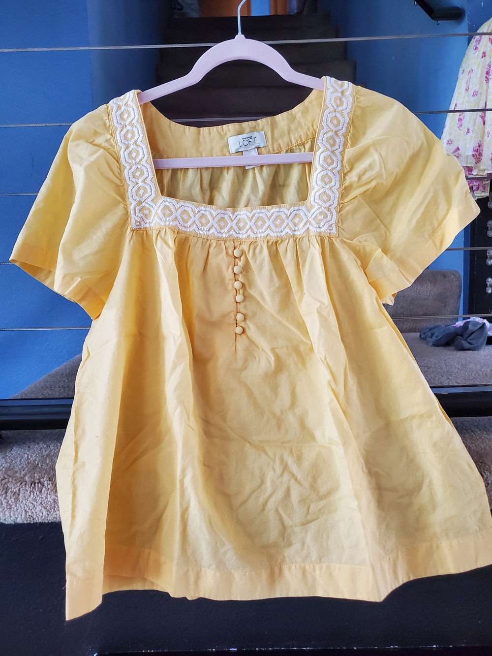 LOFT Yellow Square-Neck Cotton Peasant Blouse with Lace Trim